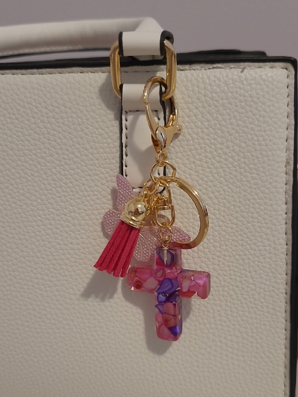 Pink Purple Marbled Cross Keychain with Butterfly & Tassel - Picture 2 of 3
